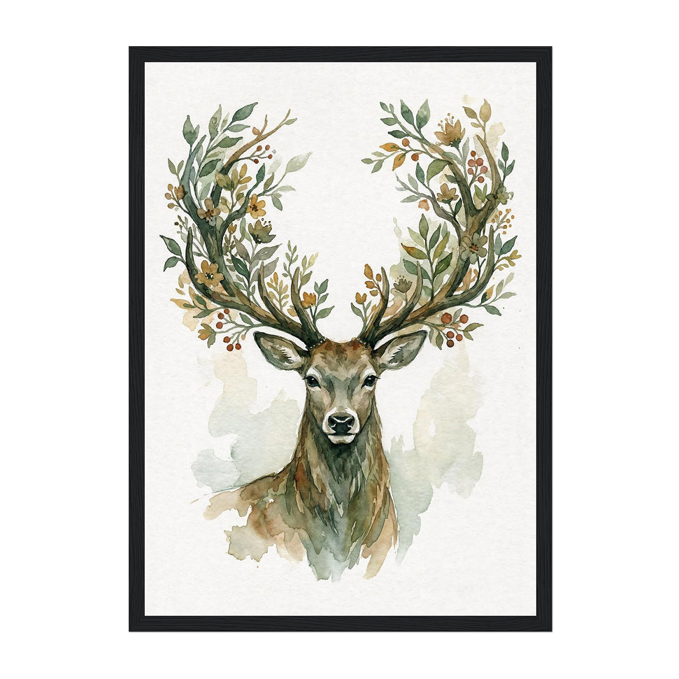 Watercolor Botanical Stag Art Print: Earthy Calm Woodland Portrait
