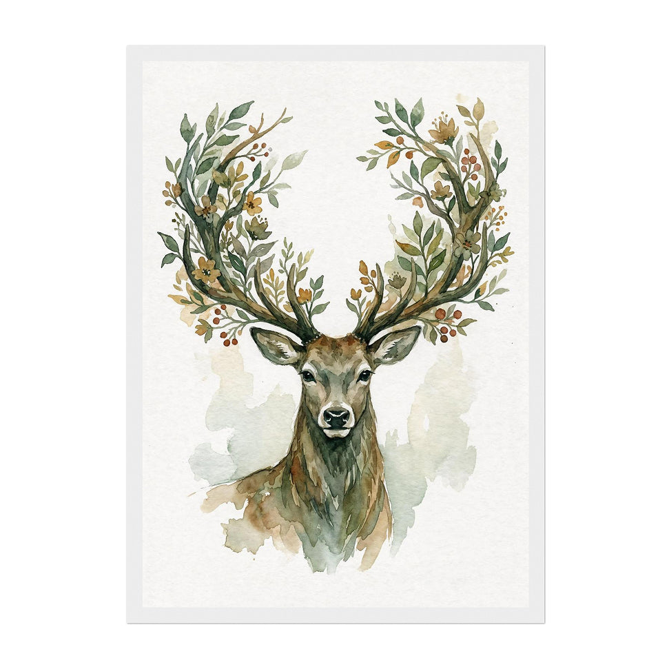 Watercolor Botanical Stag Art Print: Earthy Calm Woodland Portrait