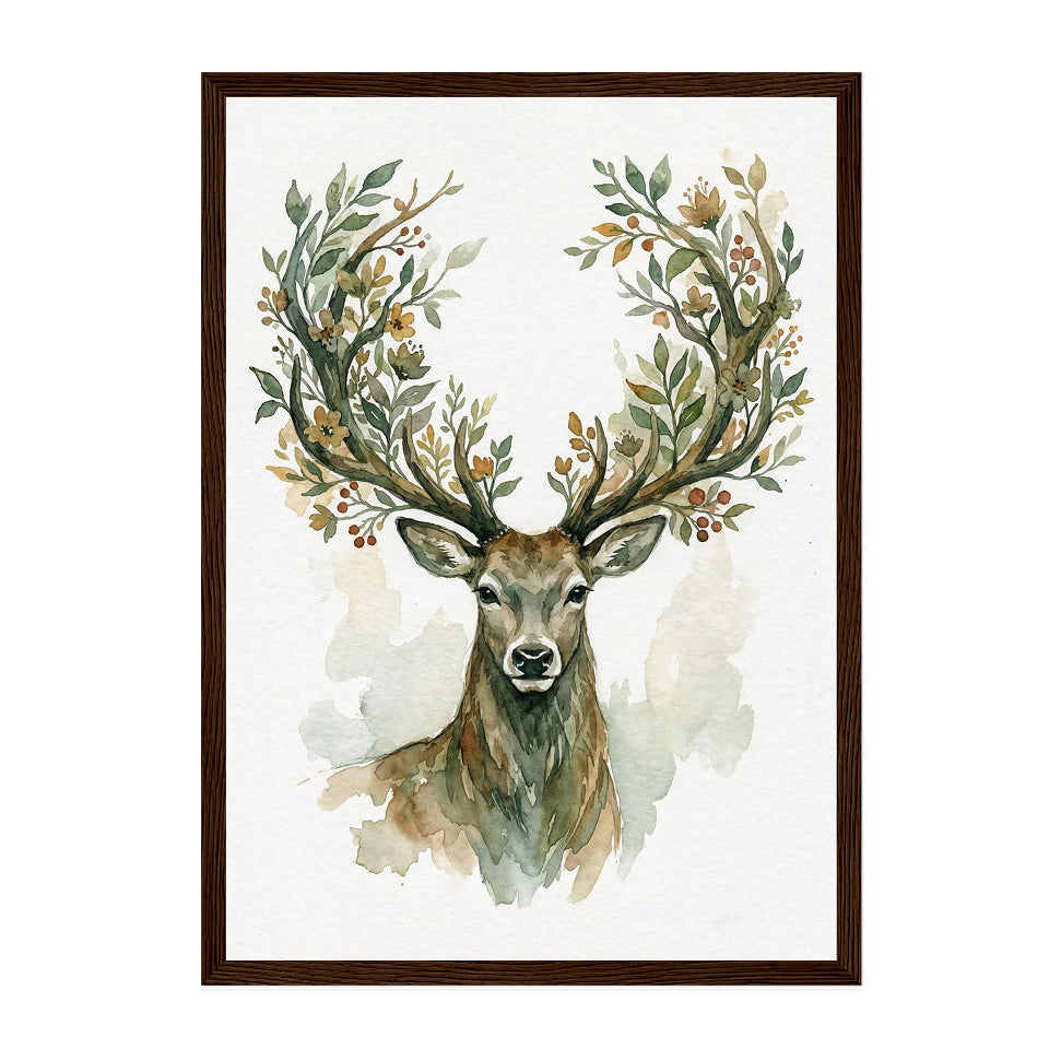Framed artwork of a deer with floral antlers on a white background