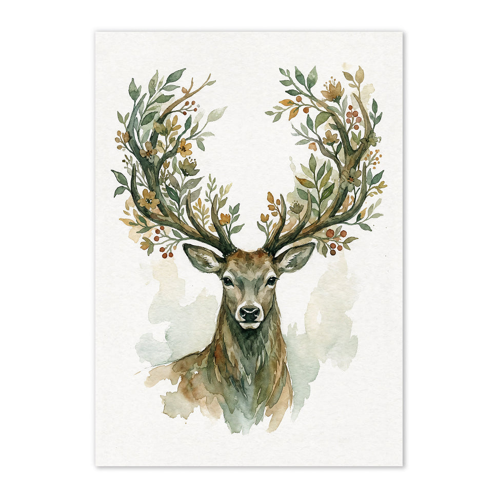 Art print of a deer with floral antlers on a white background