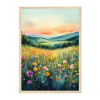 Watercolor Wildflower Meadow Art Print: Sunset Landscape in Soft Pastel Horizon Glow