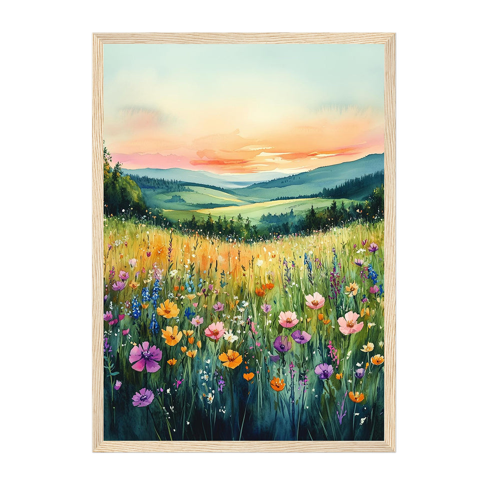 Watercolor Wildflower Meadow Art Print: Sunset Landscape in Soft Pastel Horizon Glow