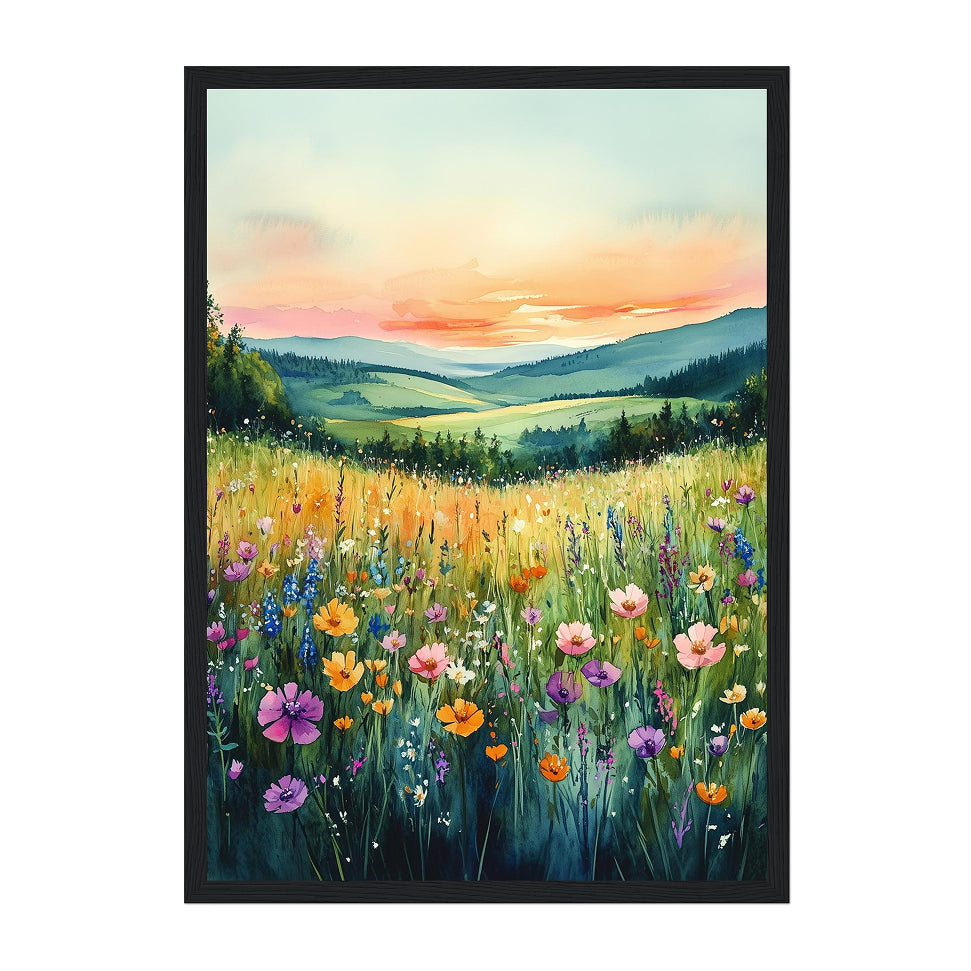 Watercolor Wildflower Meadow Art Print: Sunset Landscape in Soft Pastel Horizon Glow
