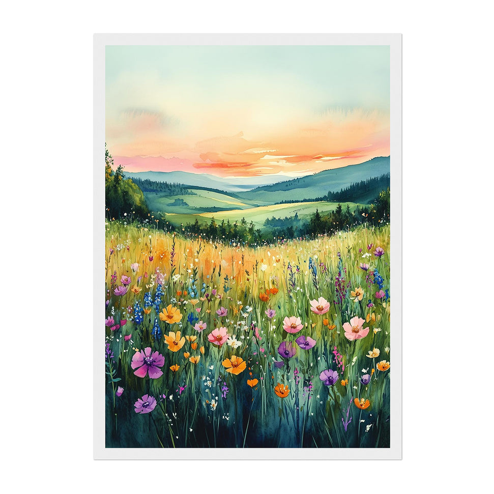 Watercolor Wildflower Meadow Art Print: Sunset Landscape in Soft Pastel Horizon Glow