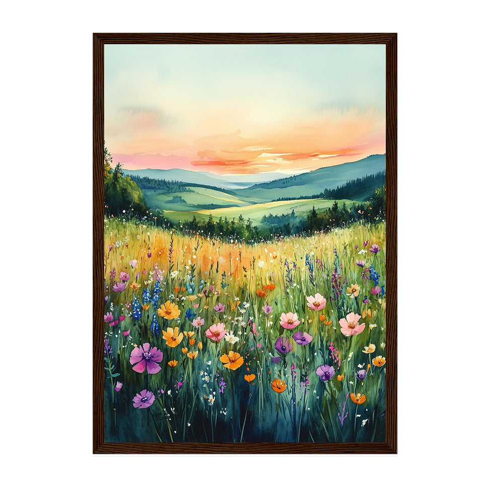Watercolor Wildflower Meadow Art Print: Sunset Landscape in Soft Pastel Horizon Glow