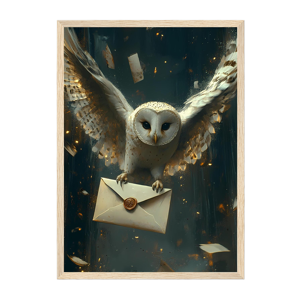 Hogwarts Letter Owl Art Print: Enchanted Midnight Flight With Golden Glow And Wizarding Fantasy Mood