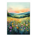 Painting of a vibrant field of flowers with a sunset over mountains.