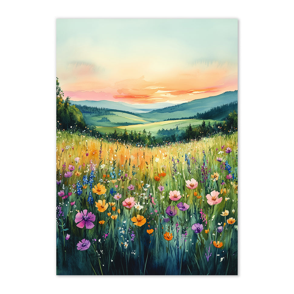 Painting of a vibrant field of flowers with a sunset over mountains.