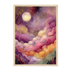 Celestial Moon Art Print: Gold Starry Sky, Pink Purple Clouds