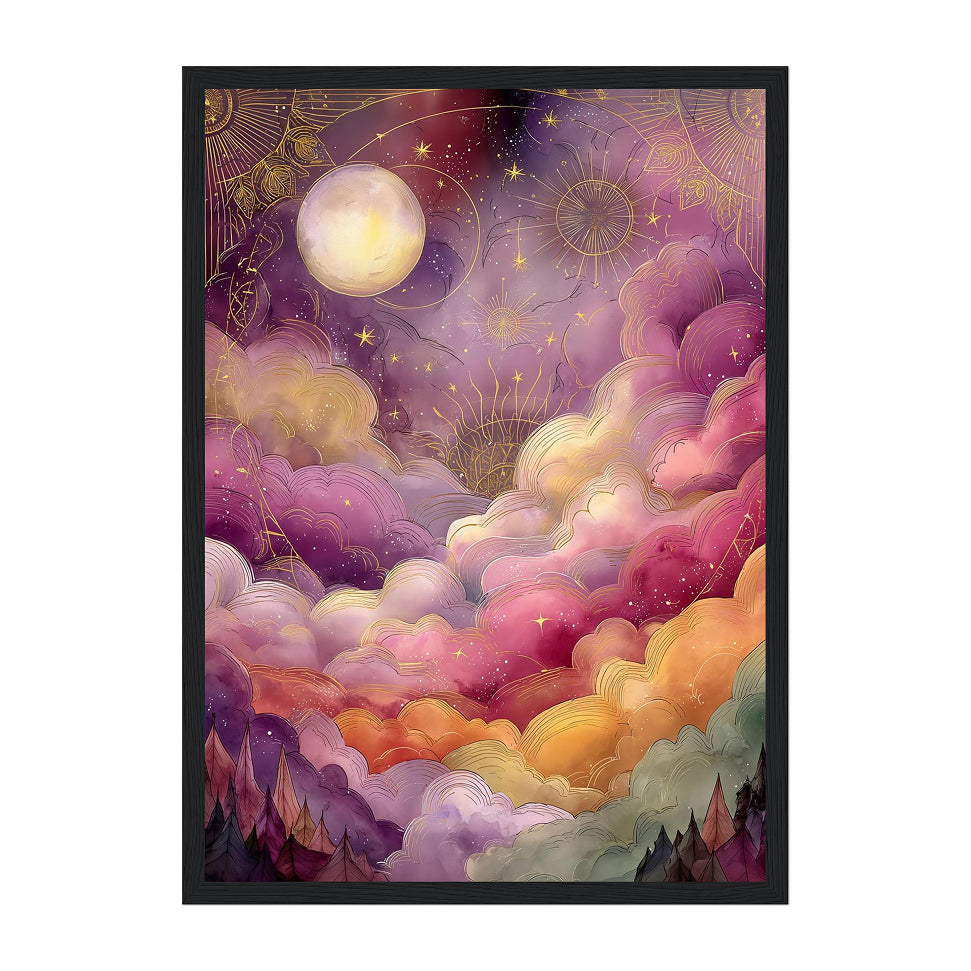 Celestial Moon Art Print: Gold Starry Sky, Pink Purple Clouds