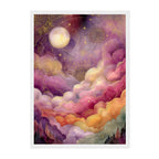 Celestial Moon Art Print: Gold Starry Sky, Pink Purple Clouds
