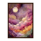 Celestial Moon Art Print: Gold Starry Sky, Pink Purple Clouds