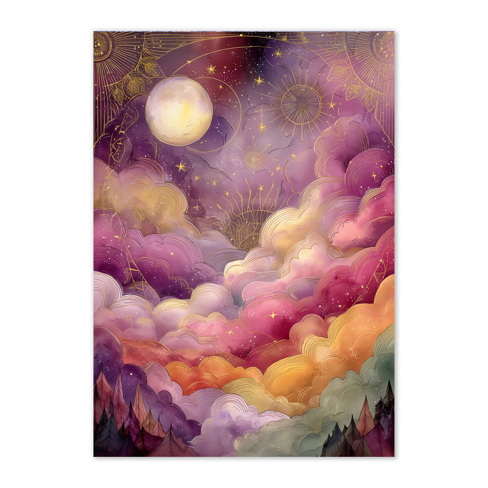 Celestial Moon Art Print: Gold Starry Sky, Pink Purple Clouds