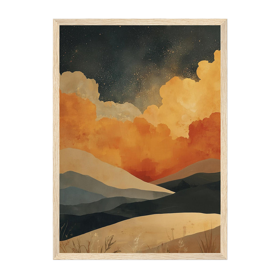 Abstract Desert Landscape Art Print: Golden Mountains, Starry Sky