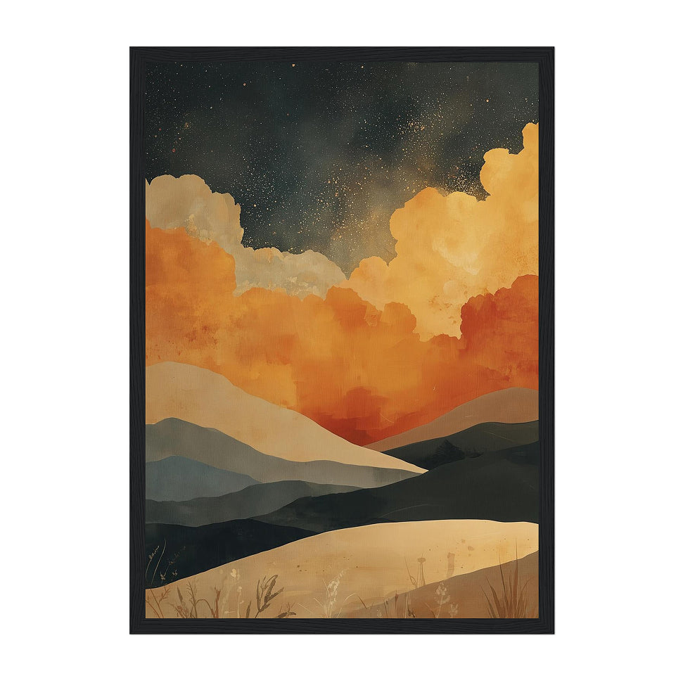 Framed artwork of a desert landscape with orange and yellow hues on a white background