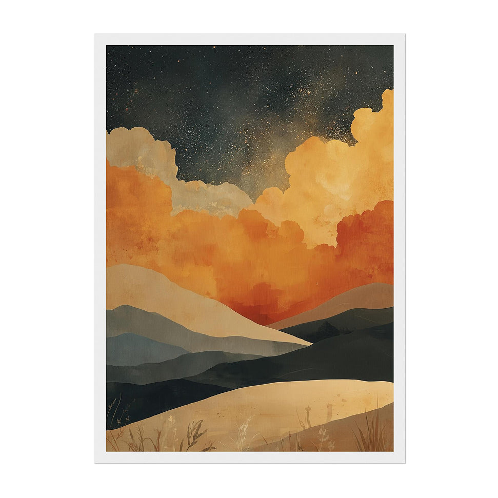 Abstract Desert Landscape Art Print: Golden Mountains, Starry Sky