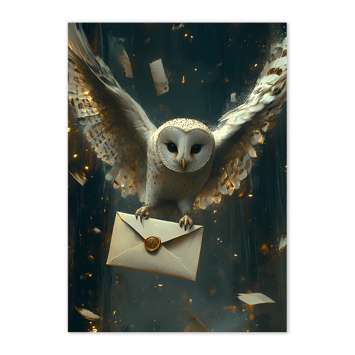 Hogwarts Letter Owl Art Print: Enchanted Midnight Flight With Golden Glow And Wizarding Fantasy Mood