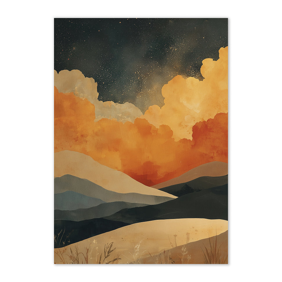 Abstract Desert Landscape Art Print: Golden Mountains, Starry Sky