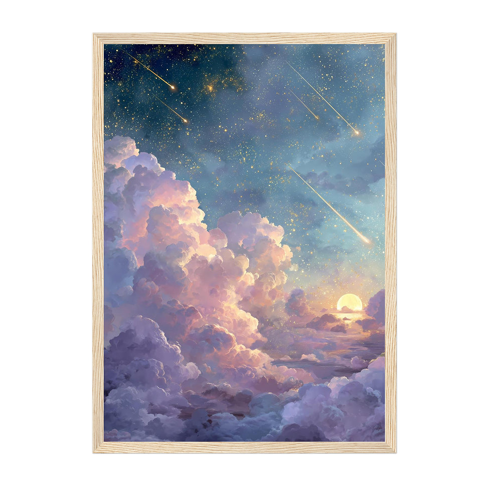 Dreamy Celestial Sky Art Print: Pastel Blue Gold Starfall Cloudscape