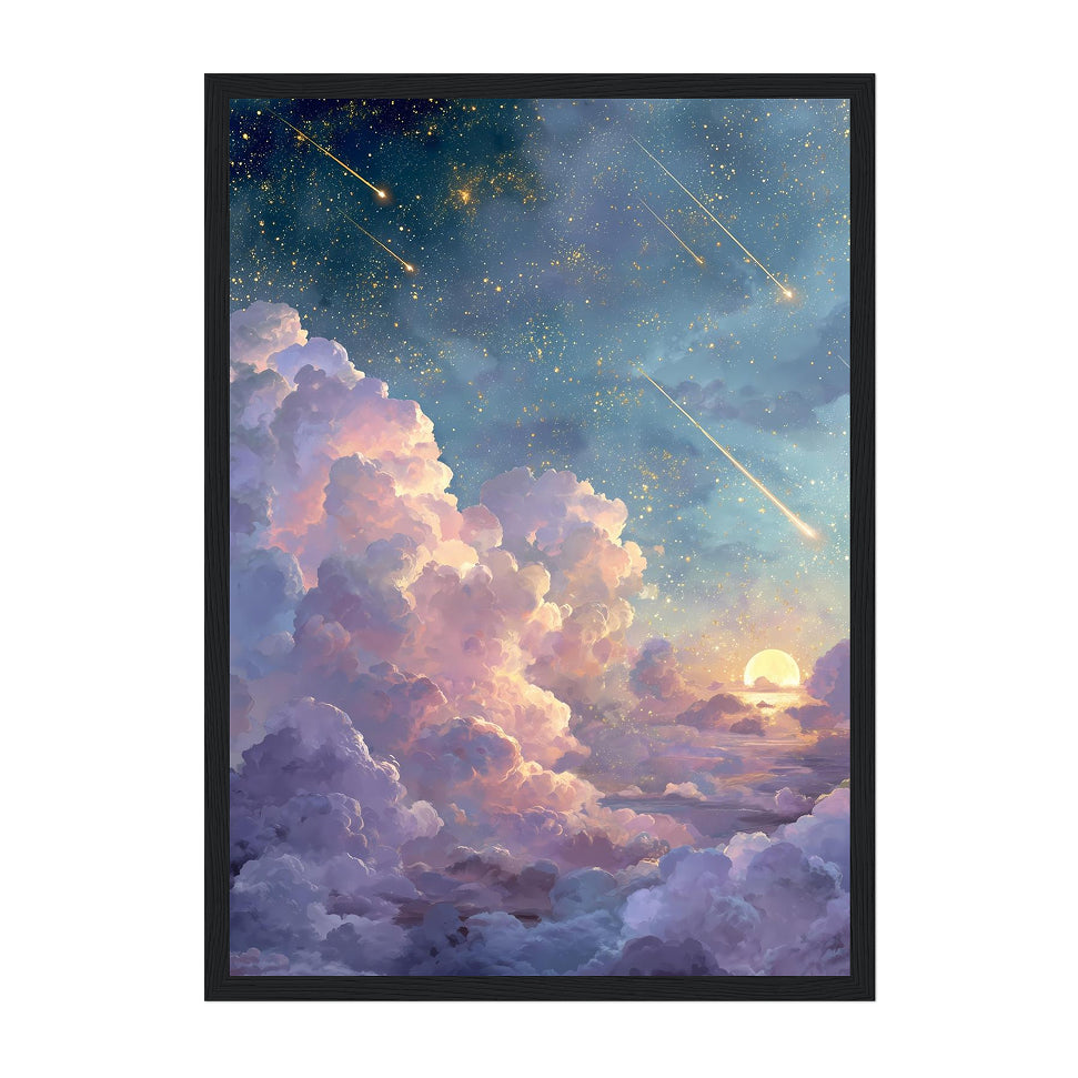 Dreamy Celestial Sky Art Print: Pastel Blue Gold Starfall Cloudscape