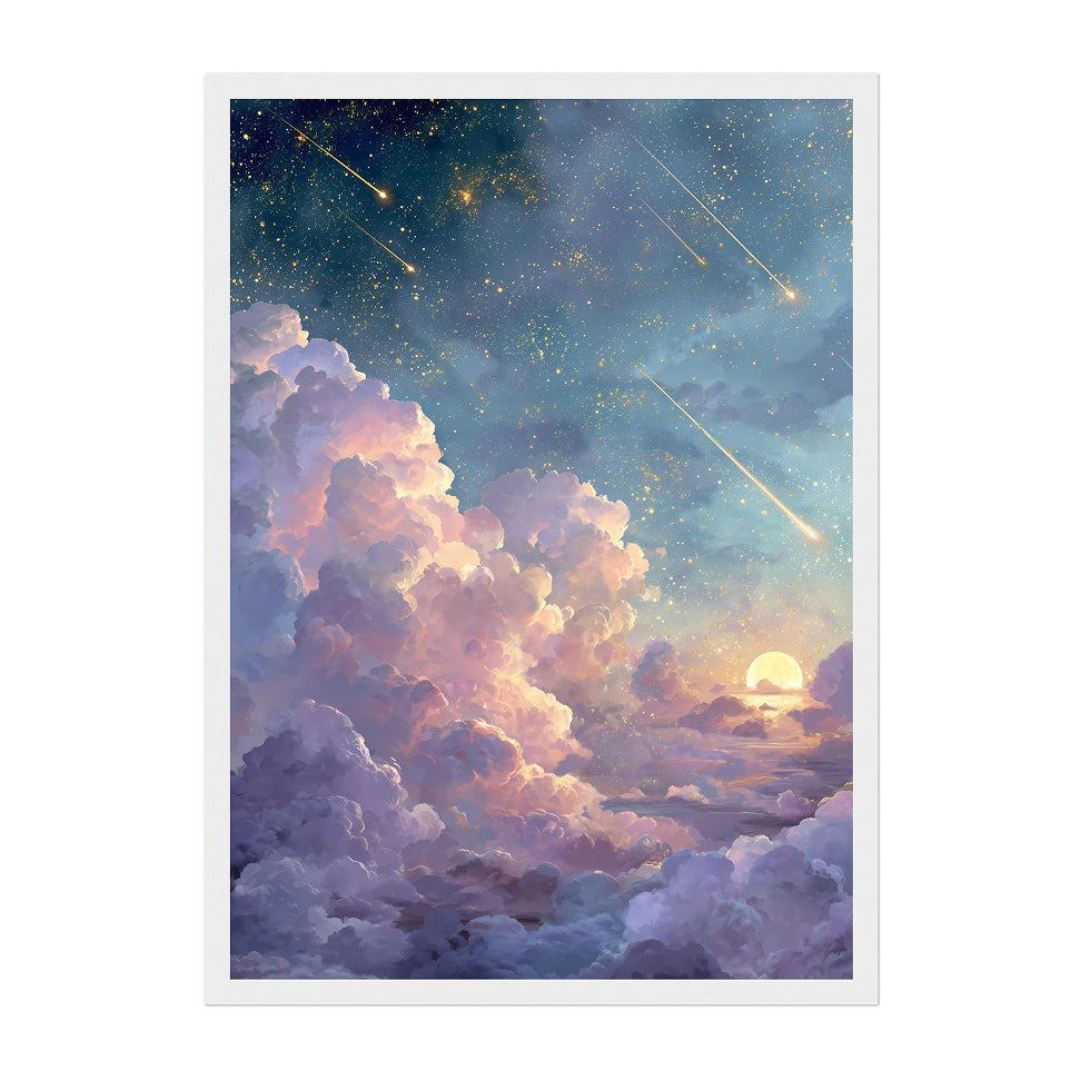 Dreamy Celestial Sky Art Print: Pastel Blue Gold Starfall Cloudscape