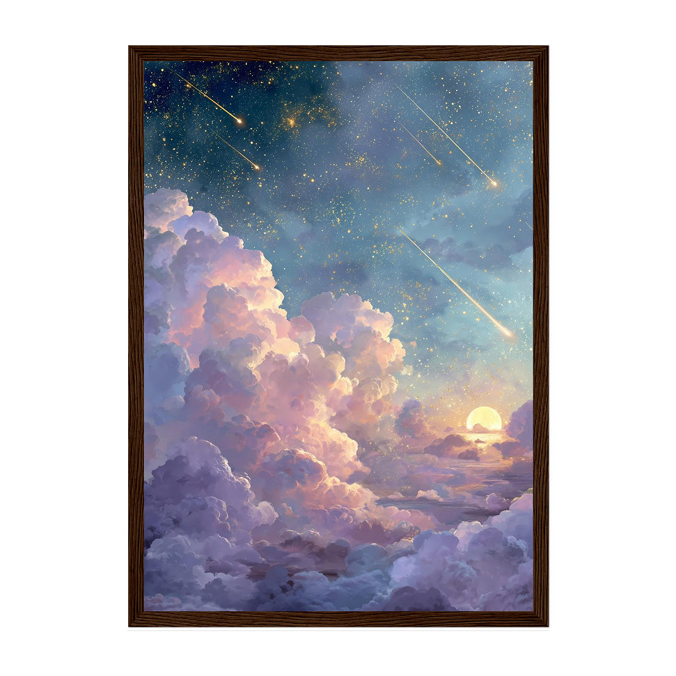 Dreamy Celestial Sky Art Print: Pastel Blue Gold Starfall Cloudscape