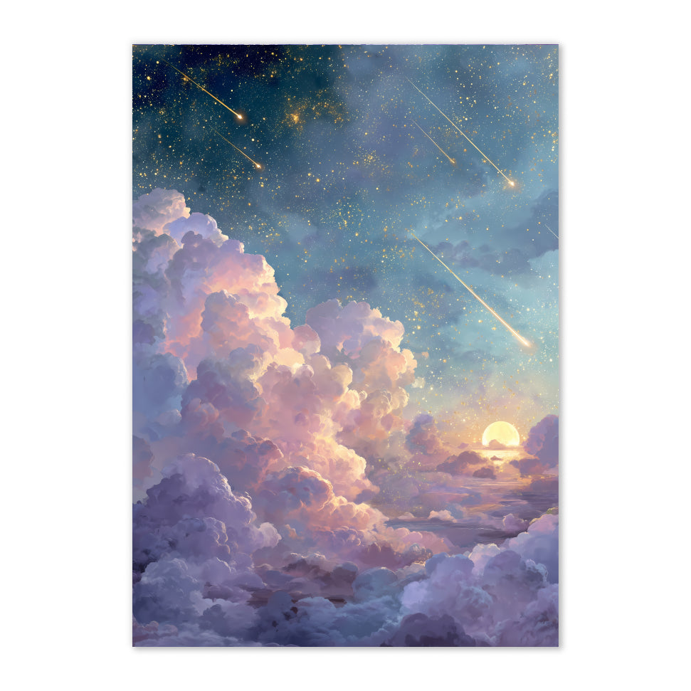 Dreamy Celestial Sky Art Print: Pastel Blue Gold Starfall Cloudscape