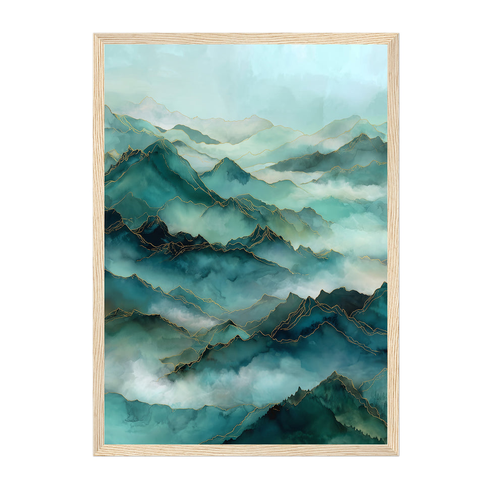 Emerald Mist Mountain Print: Teal & Gold Abstract Landscape