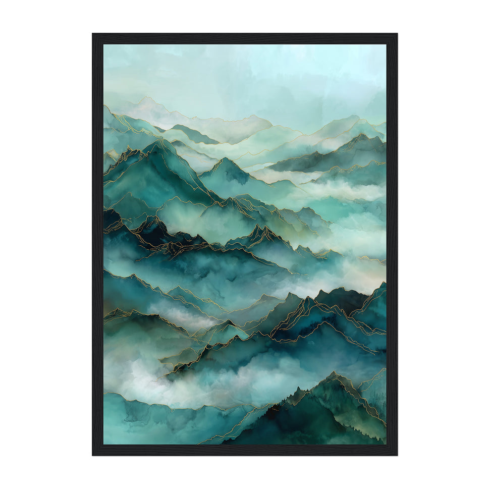 Emerald Mist Mountain Print: Teal & Gold Abstract Landscape