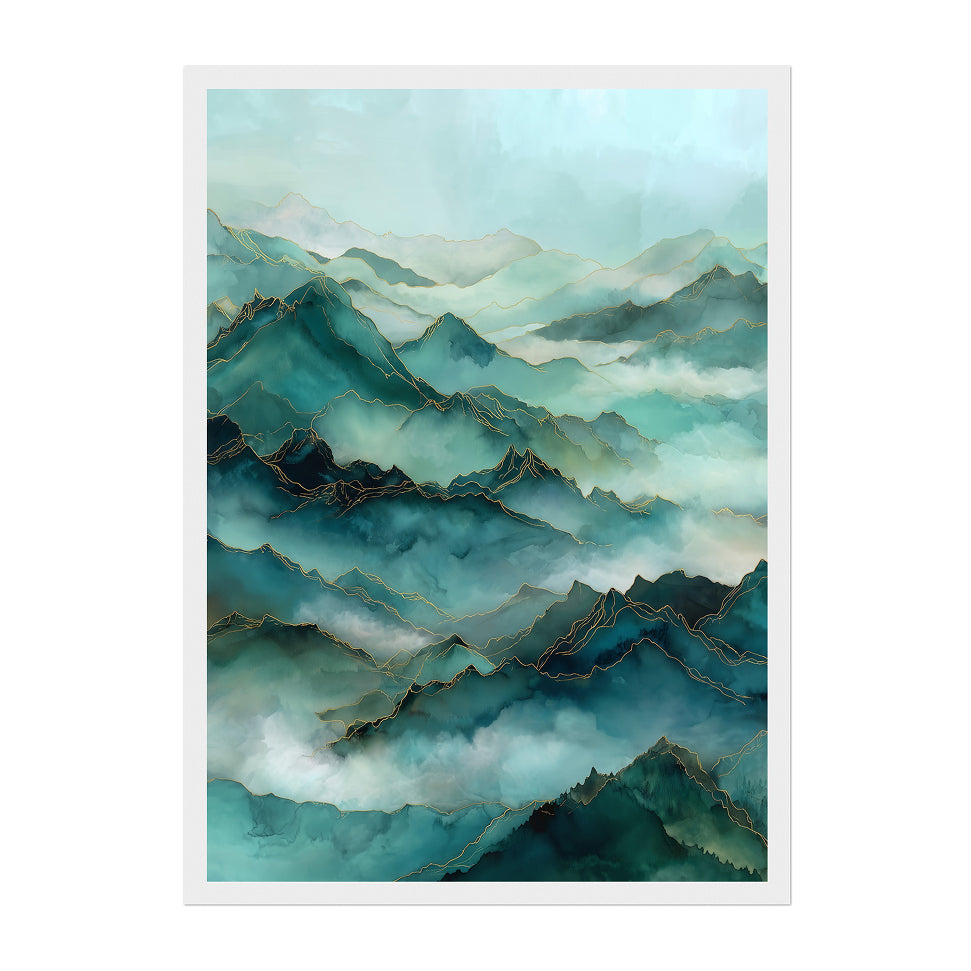 Emerald Mist Mountain Print: Teal & Gold Abstract Landscape