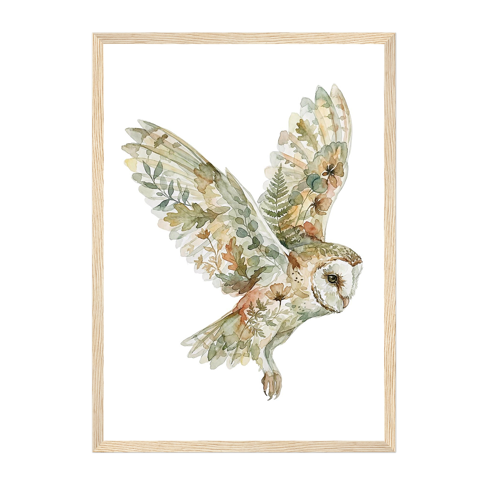 Botanical Watercolor Owl Art Print: Soft Earthy Woodland Flight