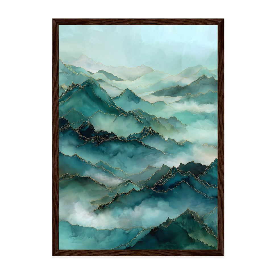Emerald Mist Mountain Print: Teal & Gold Abstract Landscape