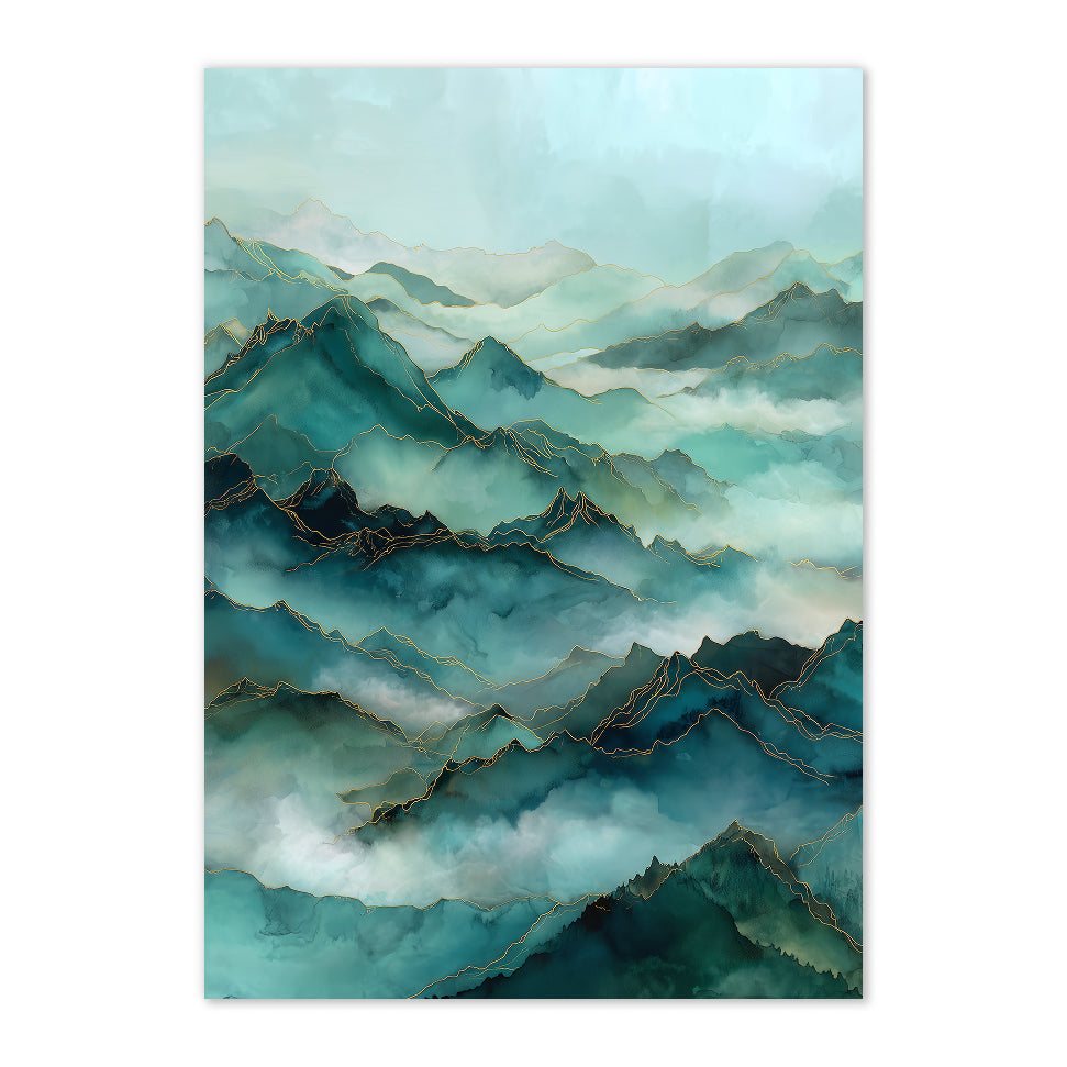 Emerald Mist Mountain Print: Teal & Gold Abstract Landscape
