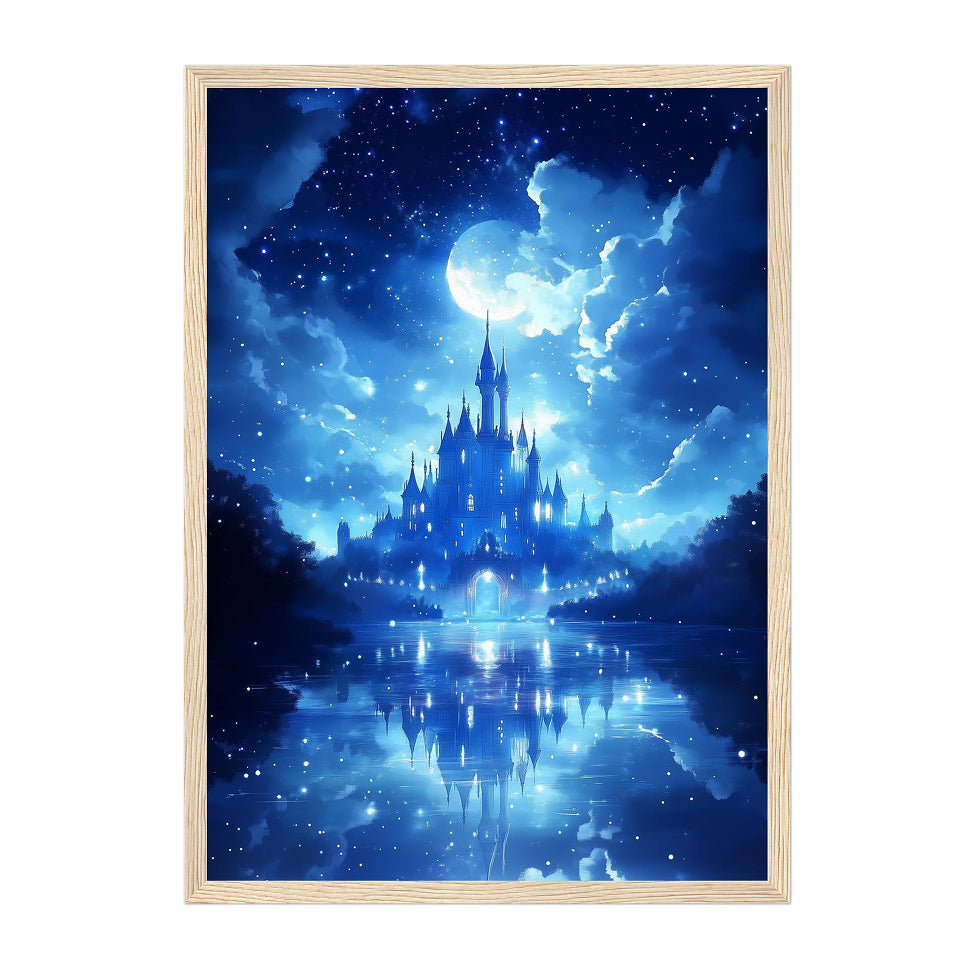 Fantasy Moonlit Castle Art Print: Blue Dreamy Night Reflection