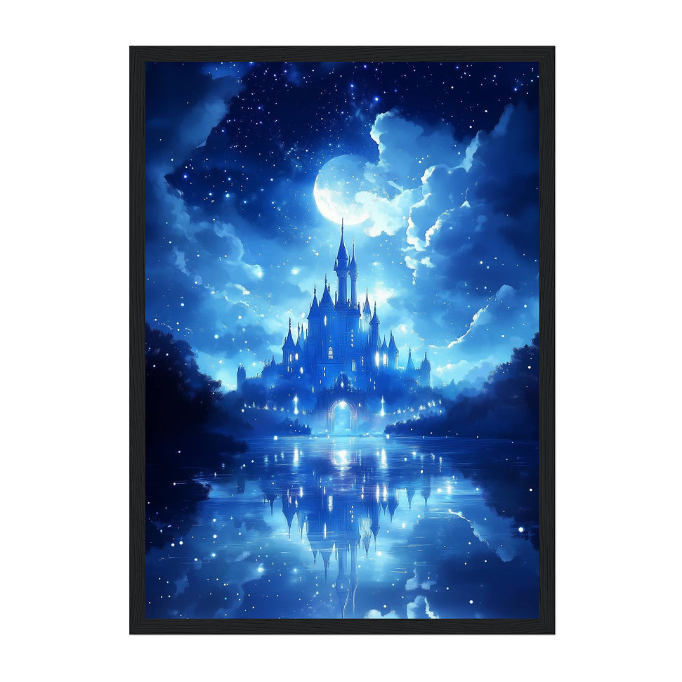 Fantasy Moonlit Castle Art Print: Blue Dreamy Night Reflection