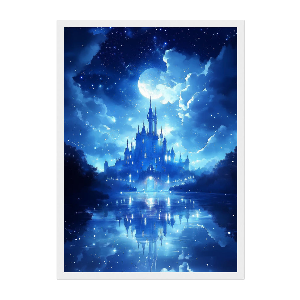 Fantasy Moonlit Castle Art Print: Blue Dreamy Night Reflection