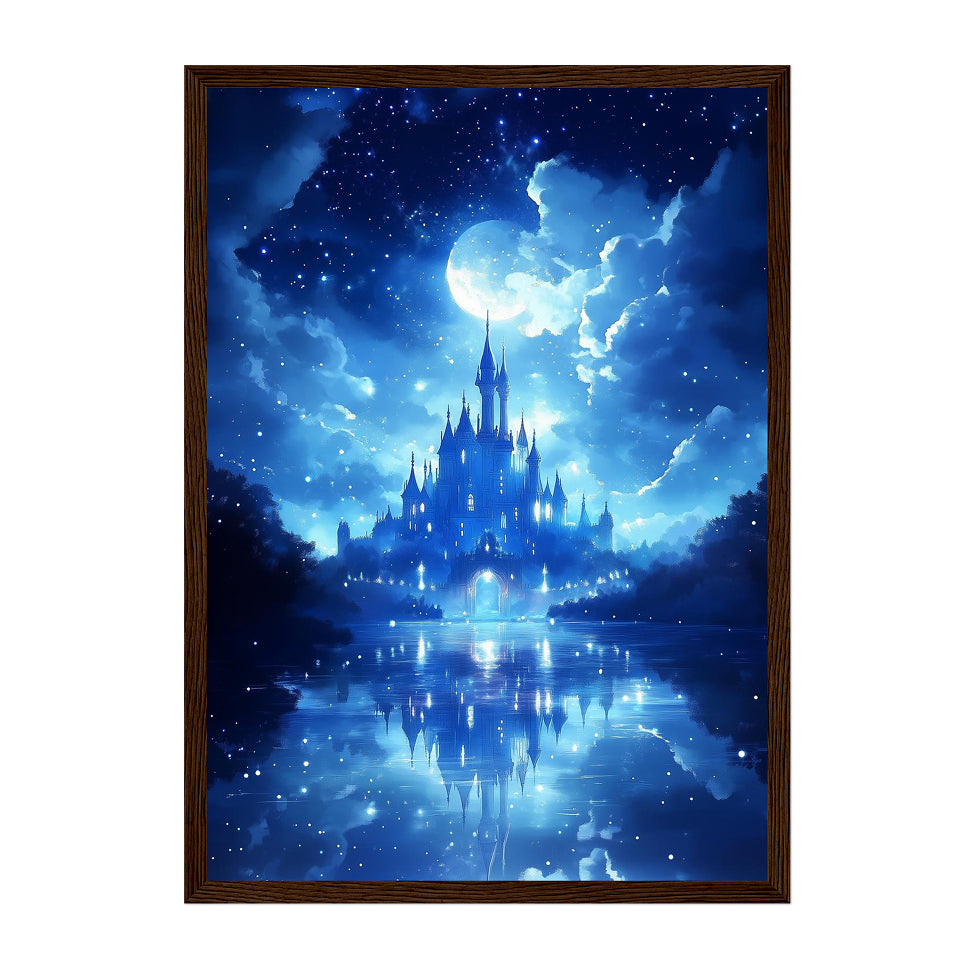 Fantasy Moonlit Castle Art Print: Blue Dreamy Night Reflection