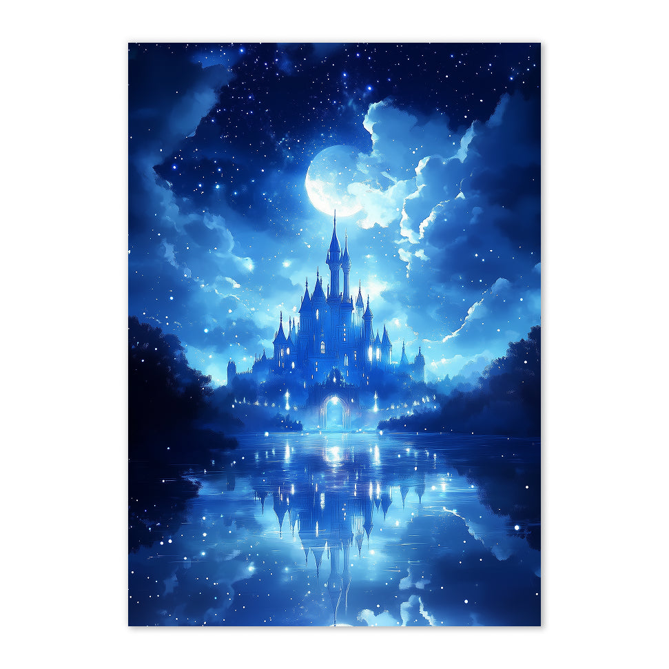 Fantasy castle in a blue night sky with moon and stars