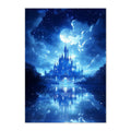 Fantasy castle in a blue night sky with moon and stars