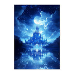 Fantasy castle in a blue night sky with moon and stars