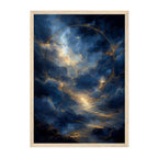 Abstract Cosmic Sky Art Print: Blue Clouds and Golden Light in Celestial Dreamscape