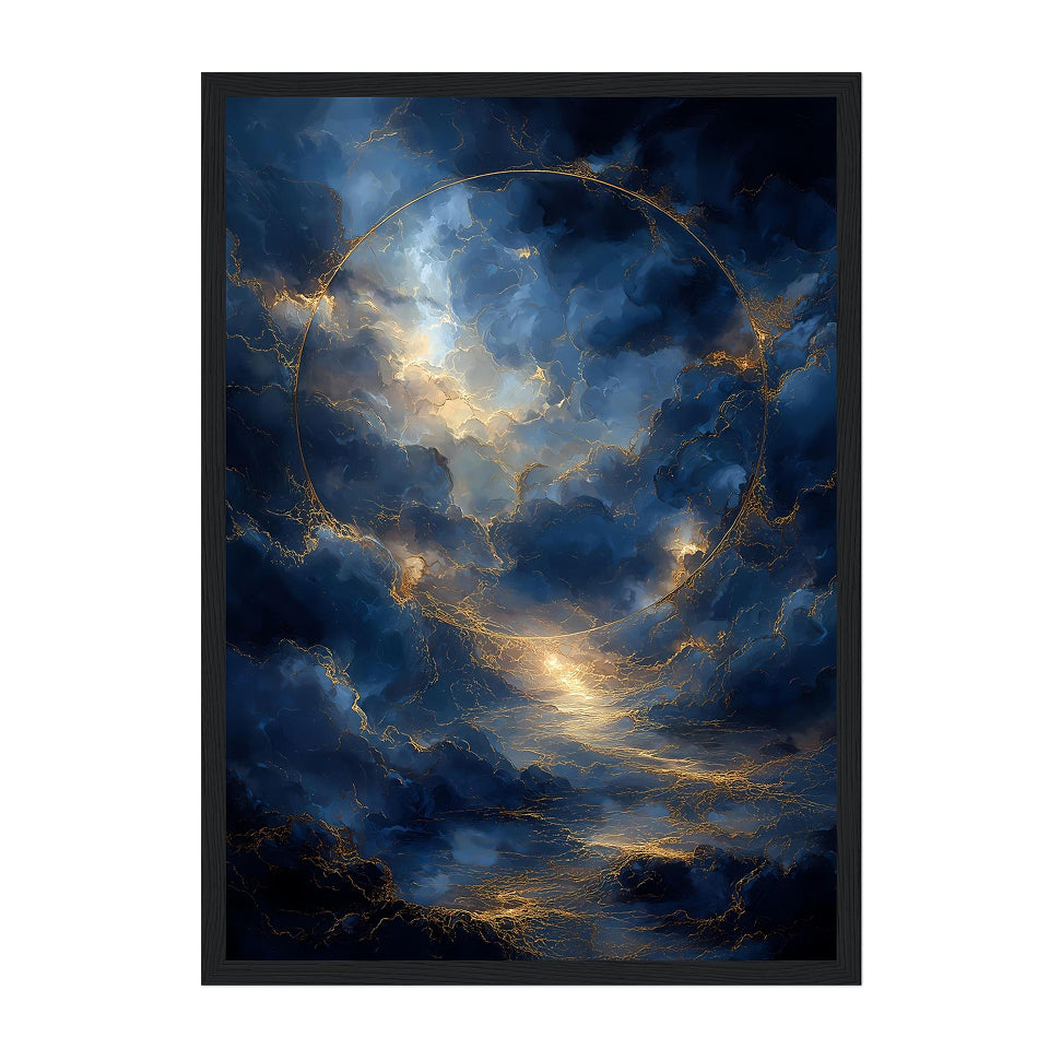Abstract Cosmic Sky Art Print: Blue Clouds and Golden Light in Celestial Dreamscape