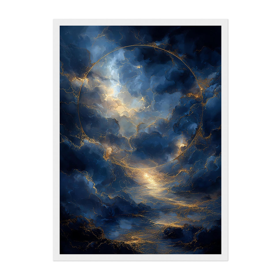 Abstract Cosmic Sky Art Print: Blue Clouds and Golden Light in Celestial Dreamscape