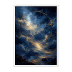 Abstract Cosmic Sky Art Print: Blue Clouds and Golden Light in Celestial Dreamscape