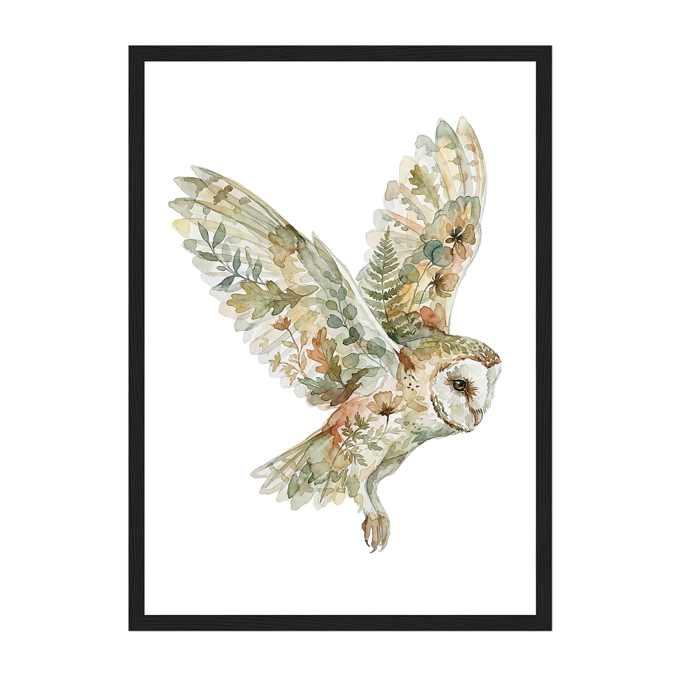 Botanical Watercolor Owl Art Print: Soft Earthy Woodland Flight