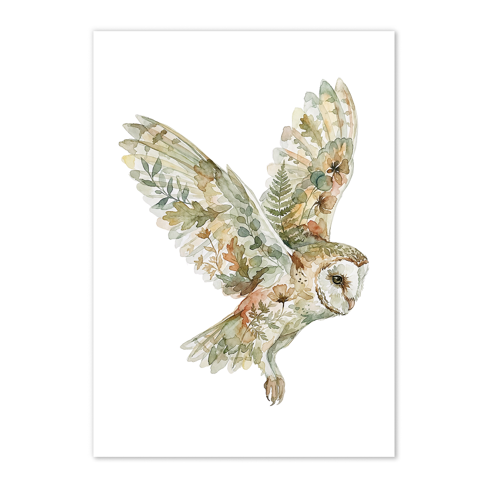 Watercolor painting of an owl with floral and leaf details on a white background