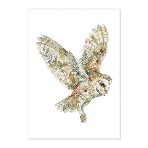 Watercolor painting of an owl with floral and leaf details on a white background