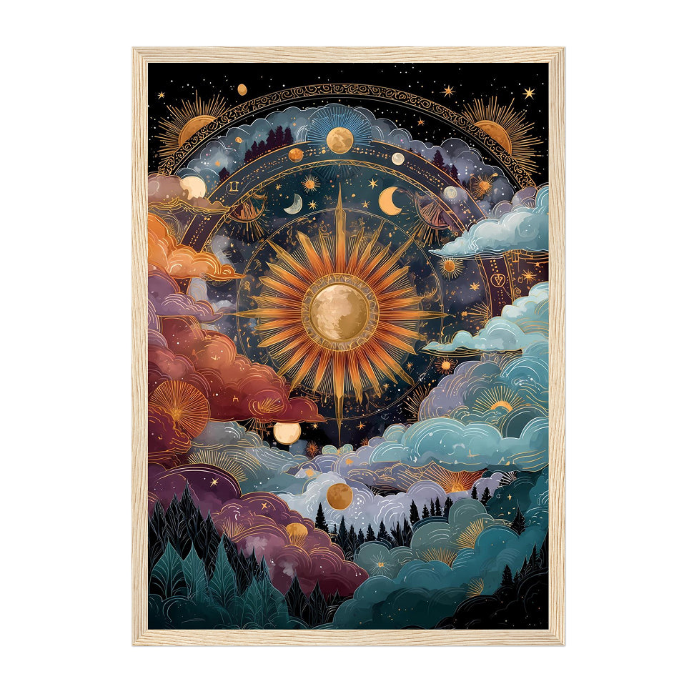 Celestial Art Print: Gold Sun, Moon, Stars - Cosmic Wall Decor