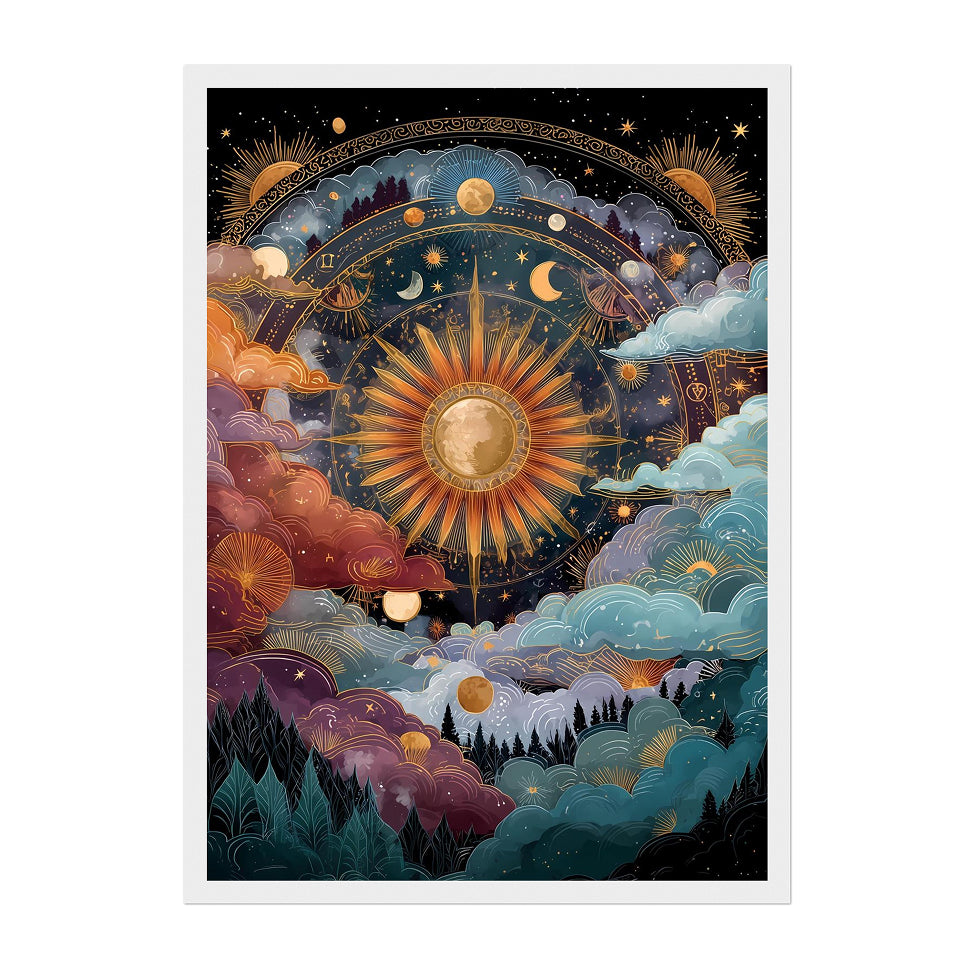 Celestial Art Print: Gold Sun, Moon, Stars - Cosmic Wall Decor