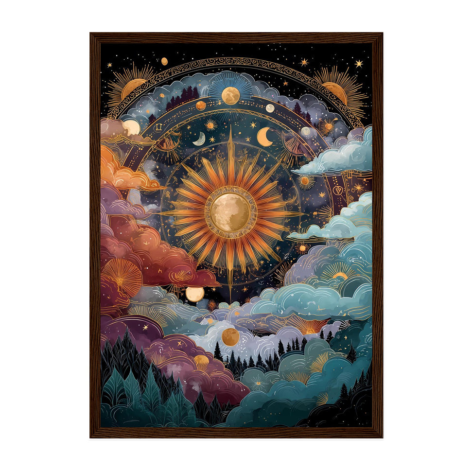Celestial Art Print: Gold Sun, Moon, Stars - Cosmic Wall Decor